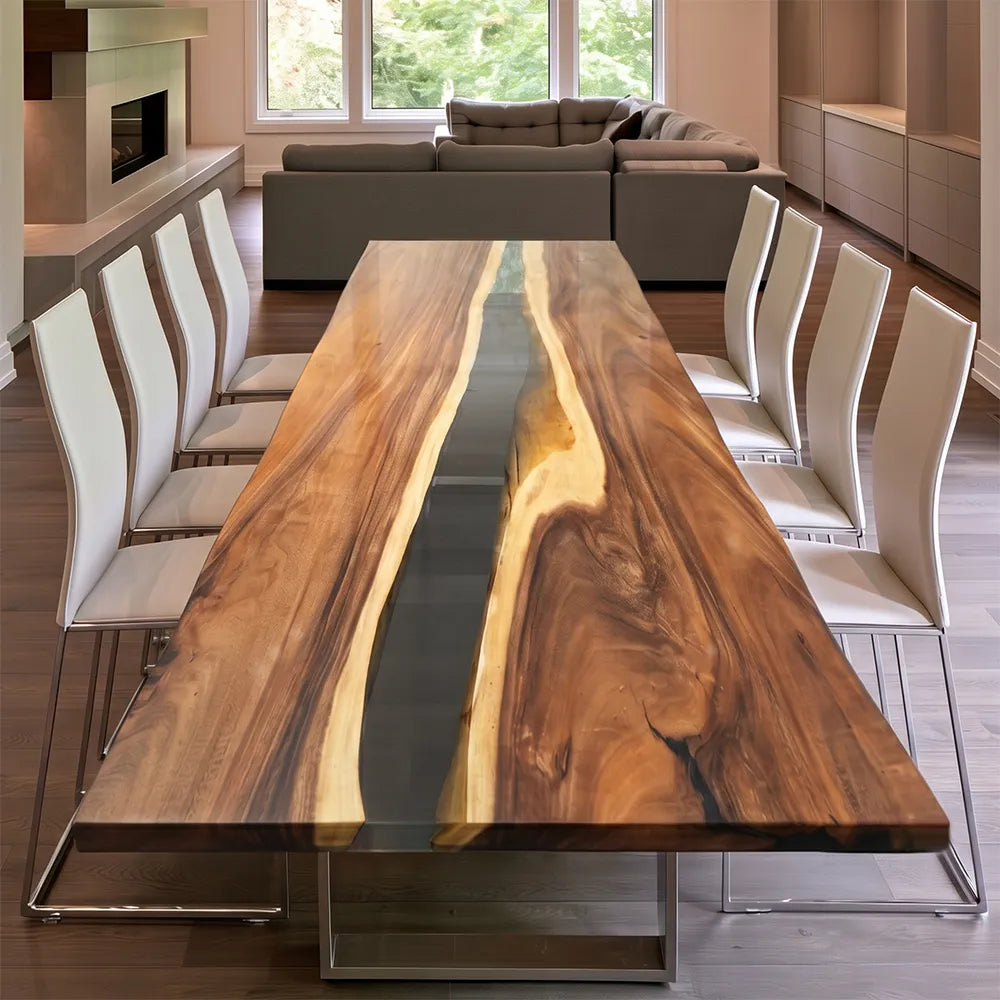UTT Custom Walnut Transparent Black River Epoxy Table 