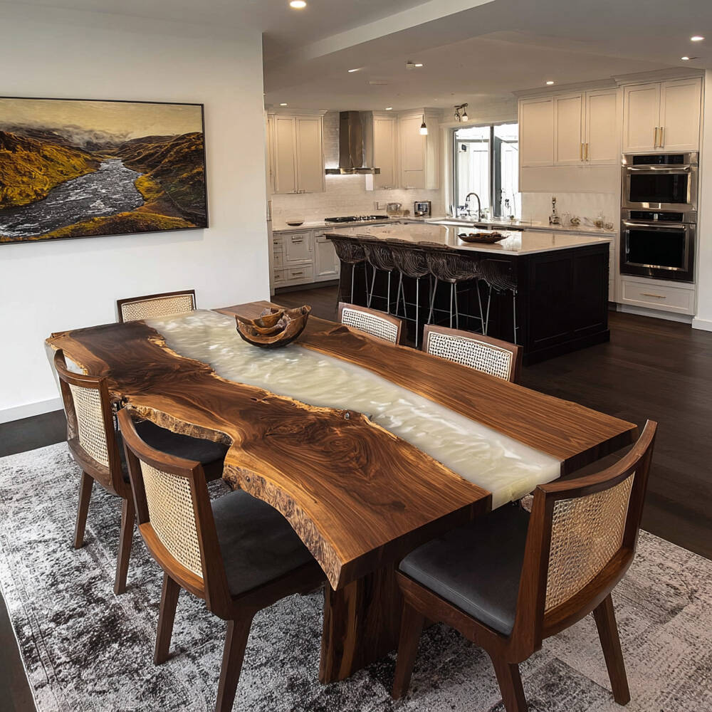 Custom Walnut White Live Edge River Epoxy Table 