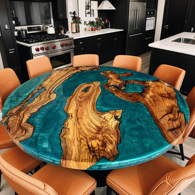Olive Peacockblue River Resin Round Epoxy Table in Nashville