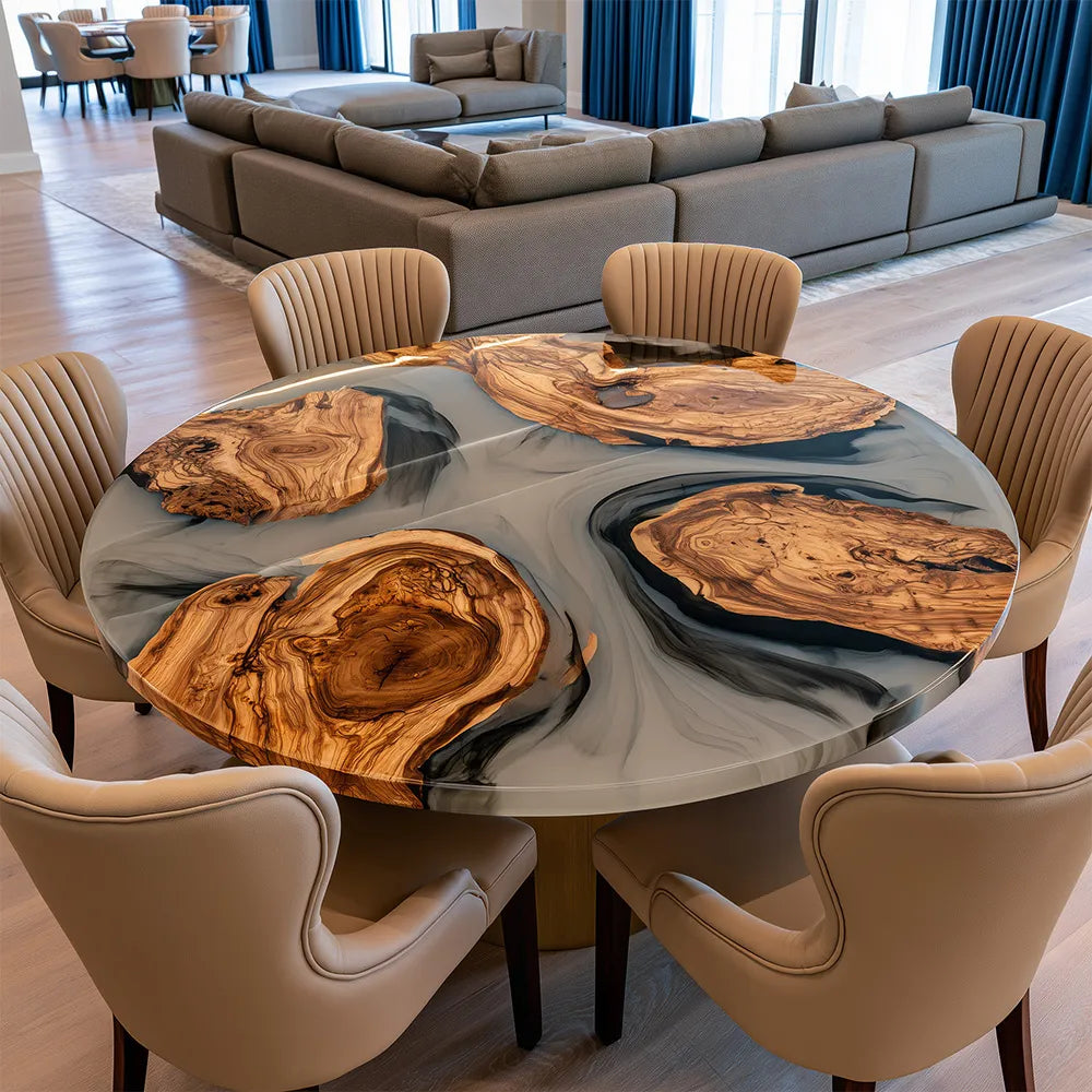 UTT Custom Round Black Walnut & Smoky Grey Epoxy Table | URT63