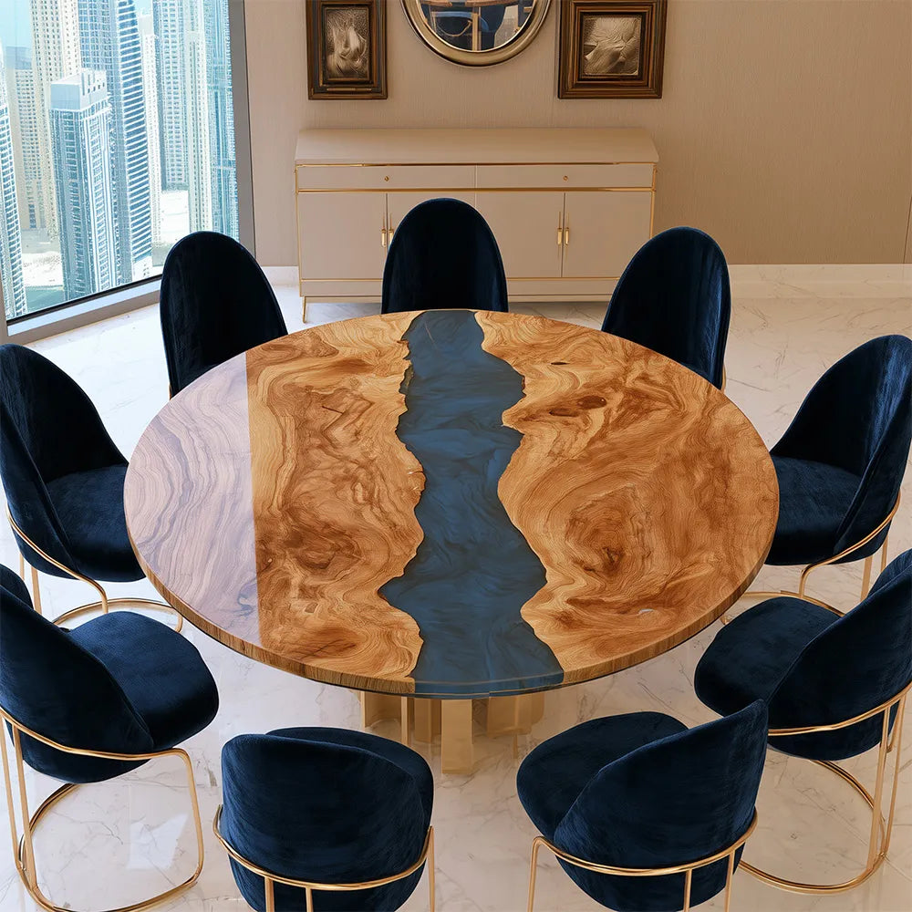 Olive Wood Deep Blue River Epoxy Table URT62