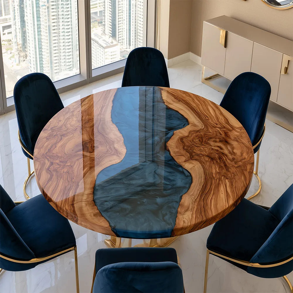 UTT Round Olive Deep Blue River Epoxy Table URT62
