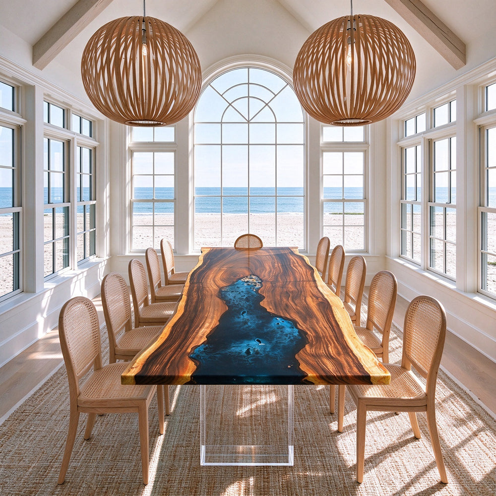 Walnut Live-Edge Epoxy Resin Table with an Oceanic Style 86.61"×31.5"