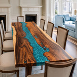 Walnut Peacock Blue Epoxy Table 98.42''Lx37''W