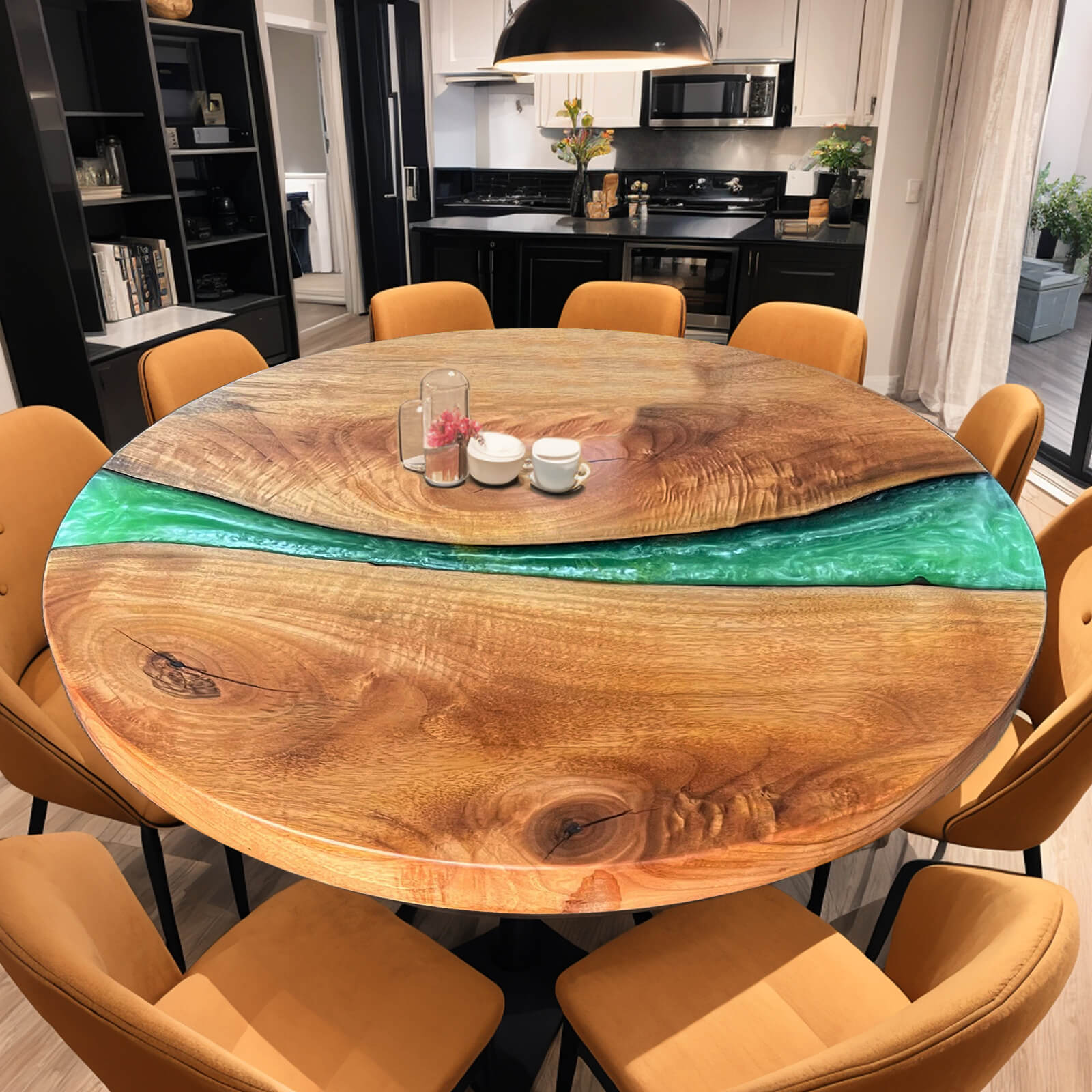 UTT Walnut Wood Green Round Resin Epoxy Table  in Austin