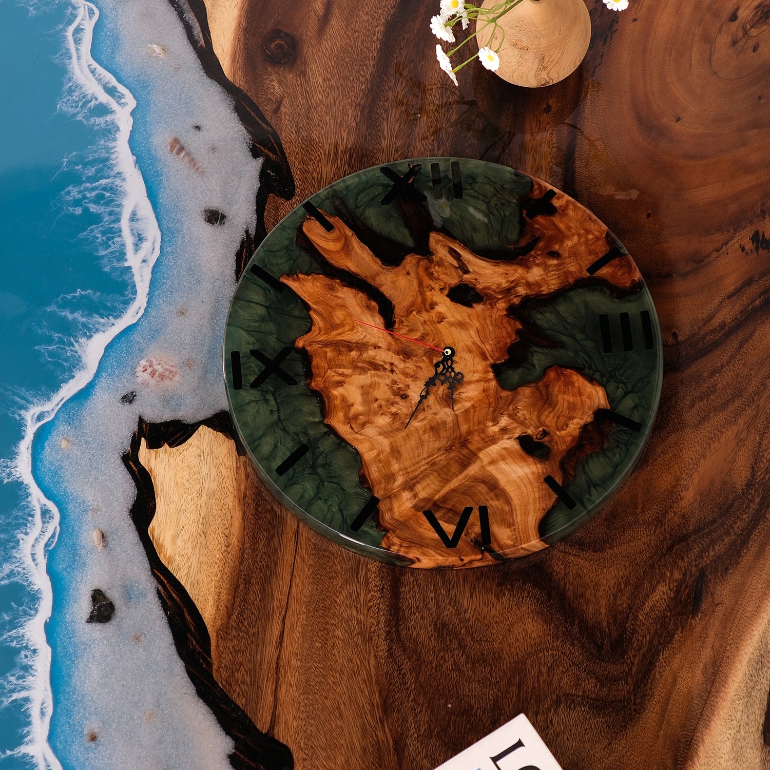 Usatabletops--Walnut-turquoise-Epoxy-Resin-Wall-Clock-5