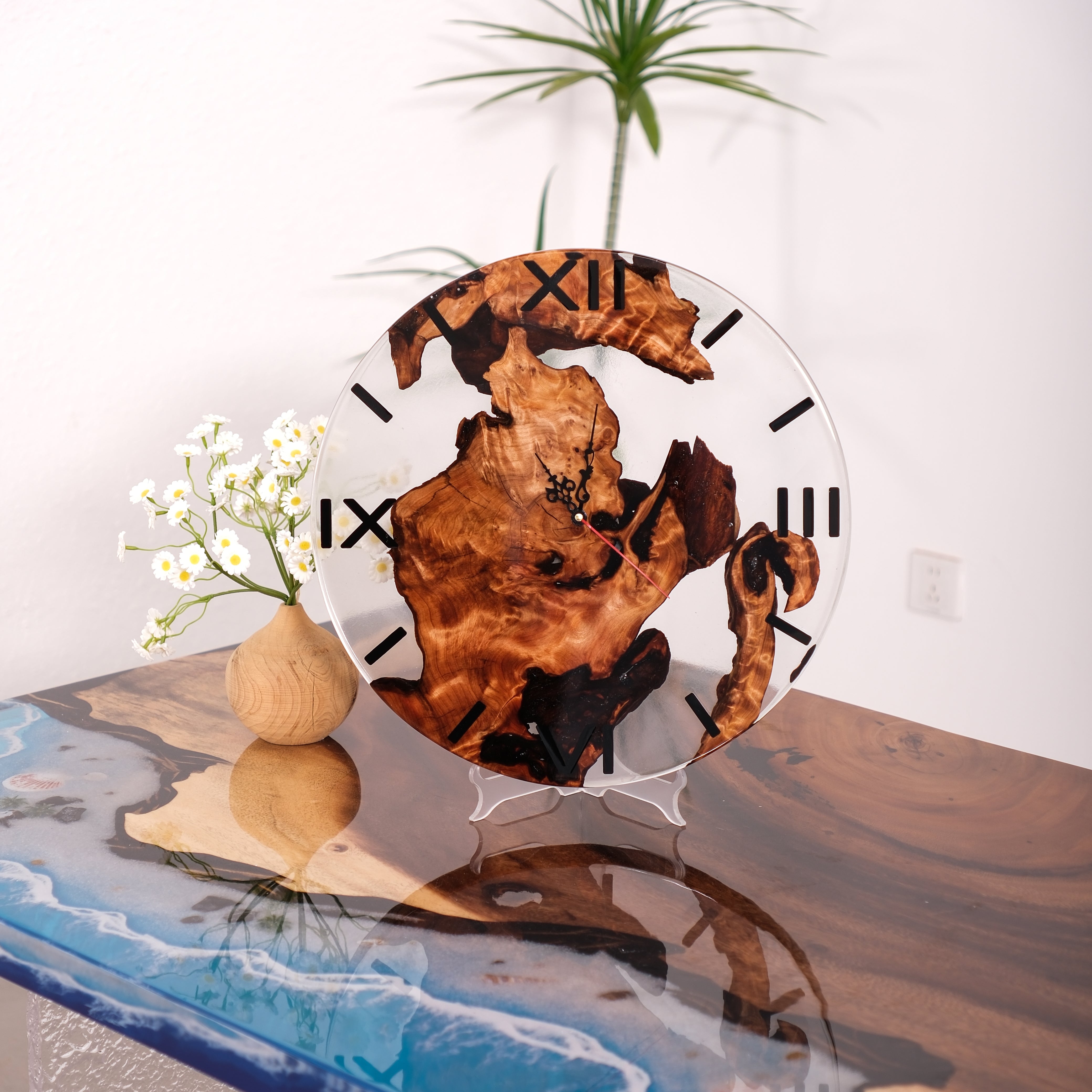 Usatabletops-Black-Walnut-Clear-Transparent-Epoxy-Resin-Wall-Clock-2