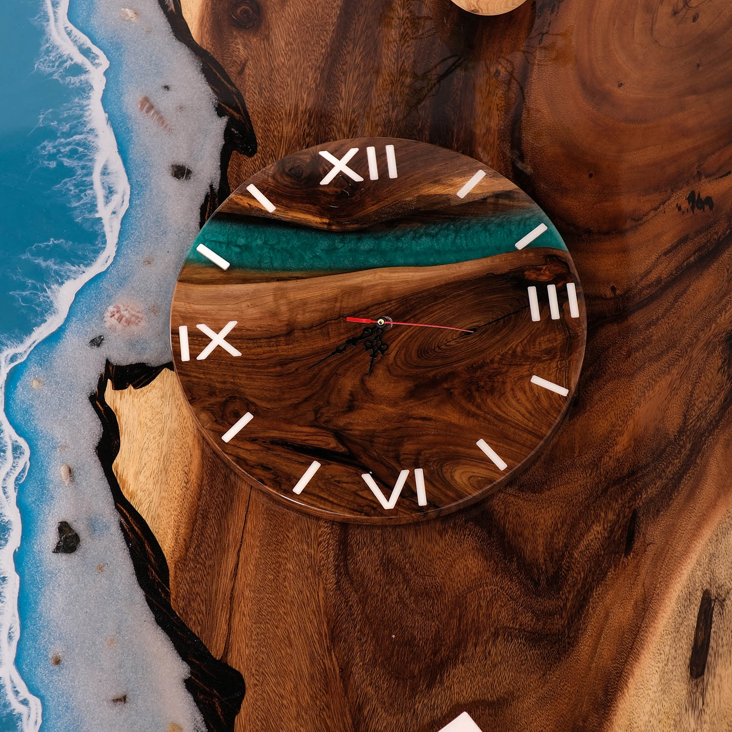 Usatabletops-Black-Walnut-Green-Epoxy-Resin-Wall-Clock-UWC6-5