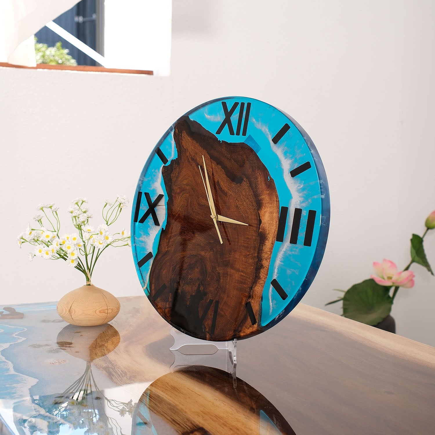 Usatabletops-Black-Walnut-Ocean-Wave-Epoxy-Resin-Wall-Clock-2