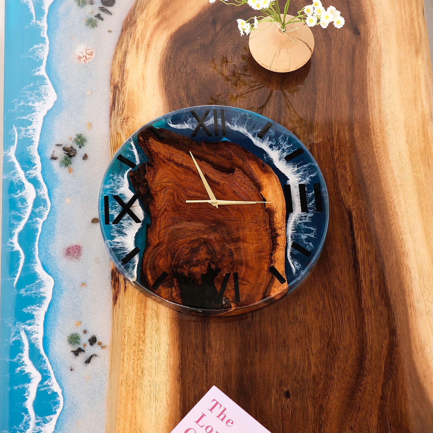 Usatabletops-Black-Walnut-Ocean-Wave-Epoxy-Resin-Wall-Clock-4