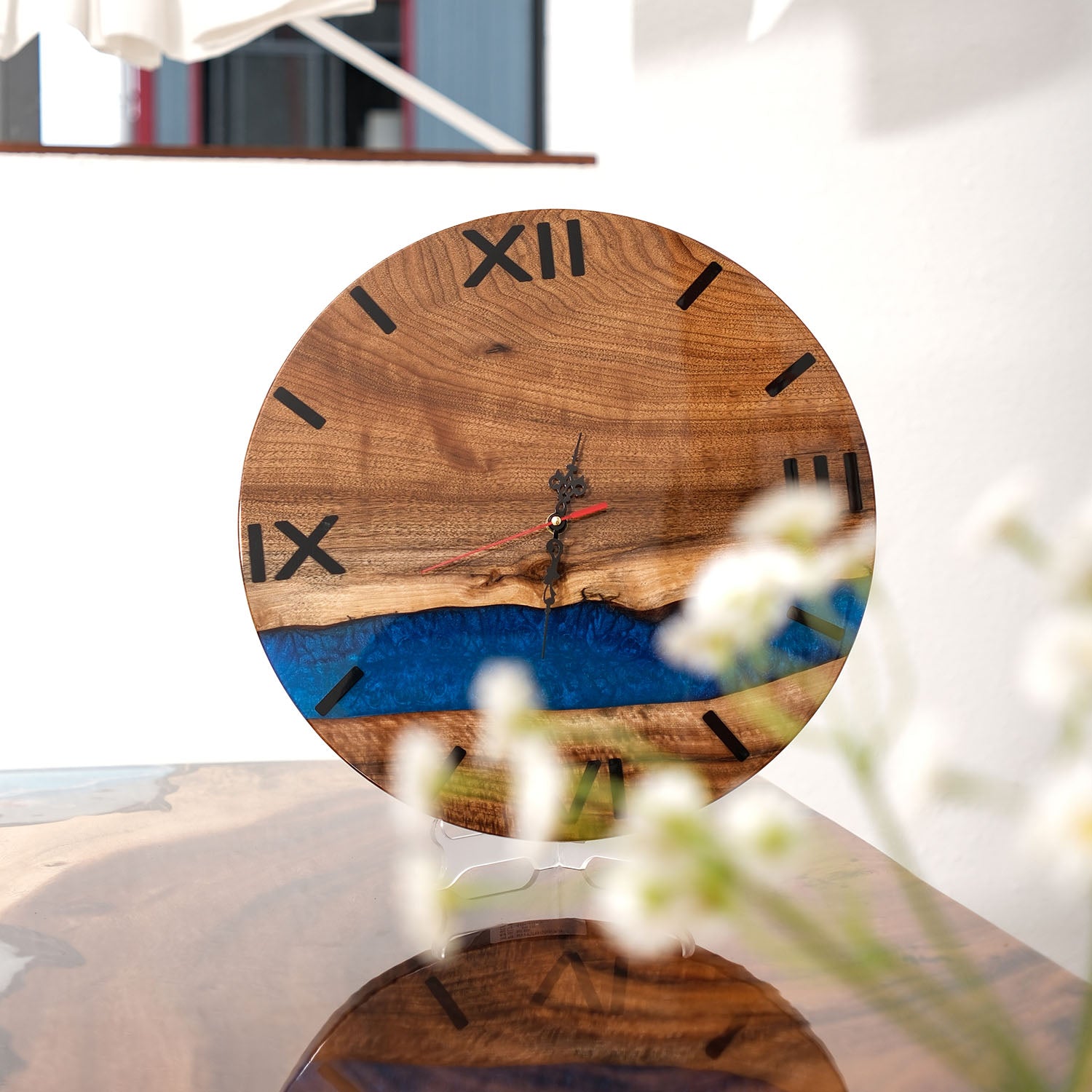 Usatabletops-Walnut-Blue-Epoxy-Resin-Wall-Clock-2