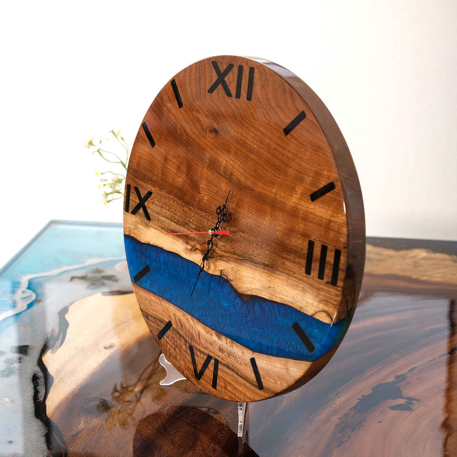 Usatabletops-Walnut-Blue-Epoxy-Resin-Wall-Clock-3
