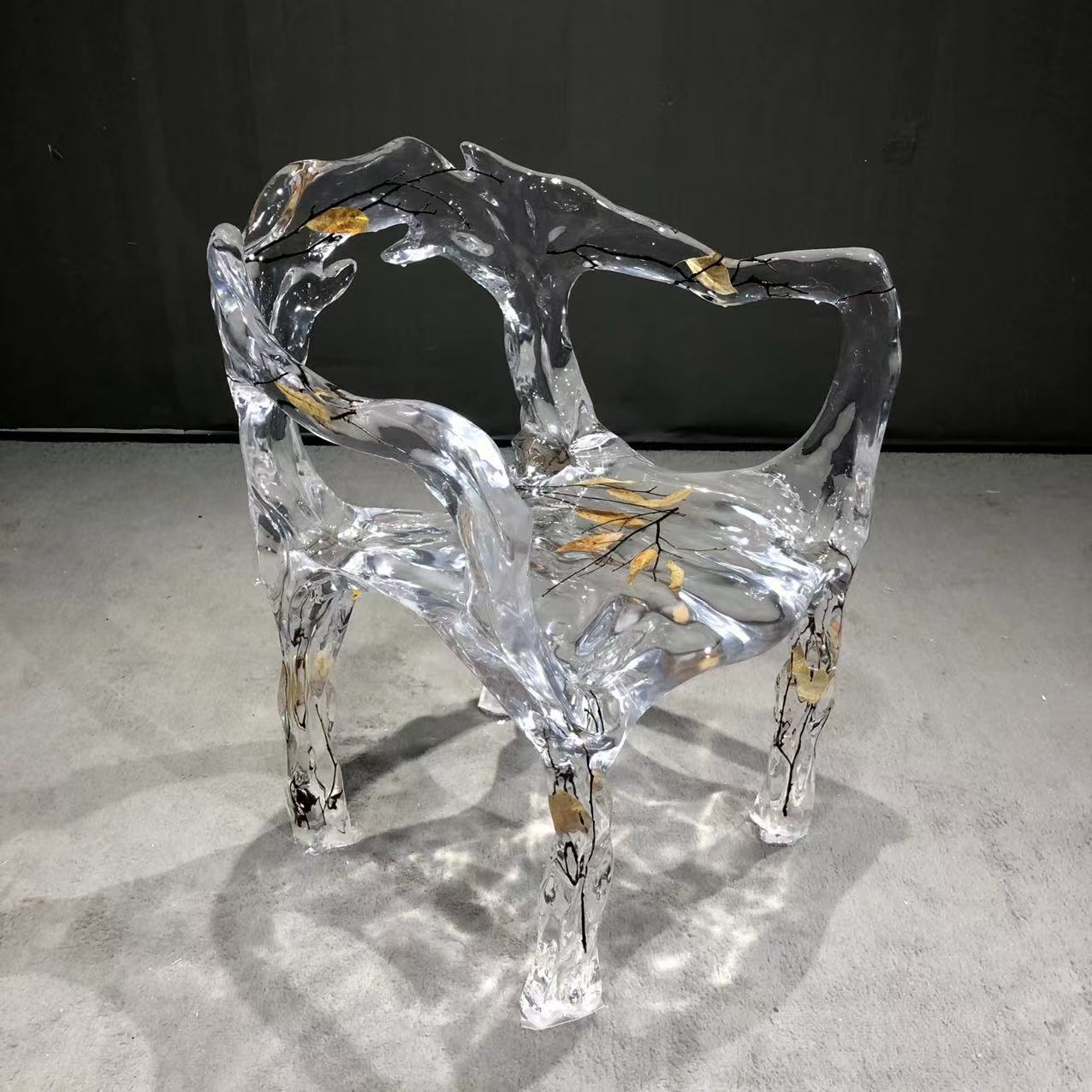 Usatabletops Clear Transparent Epoxy Resin Golden Leaf Chair 21''LX22''WX40''H UEC1