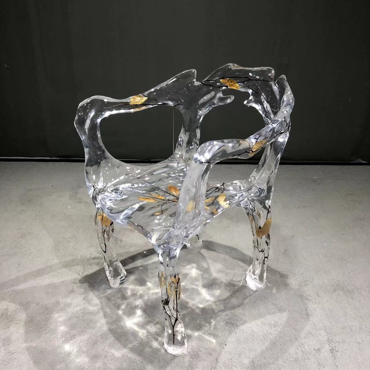 Usatabletops Clear Transparent Epoxy Resin Golden Leaf Chair 21''LX22''WX40''H UEC1