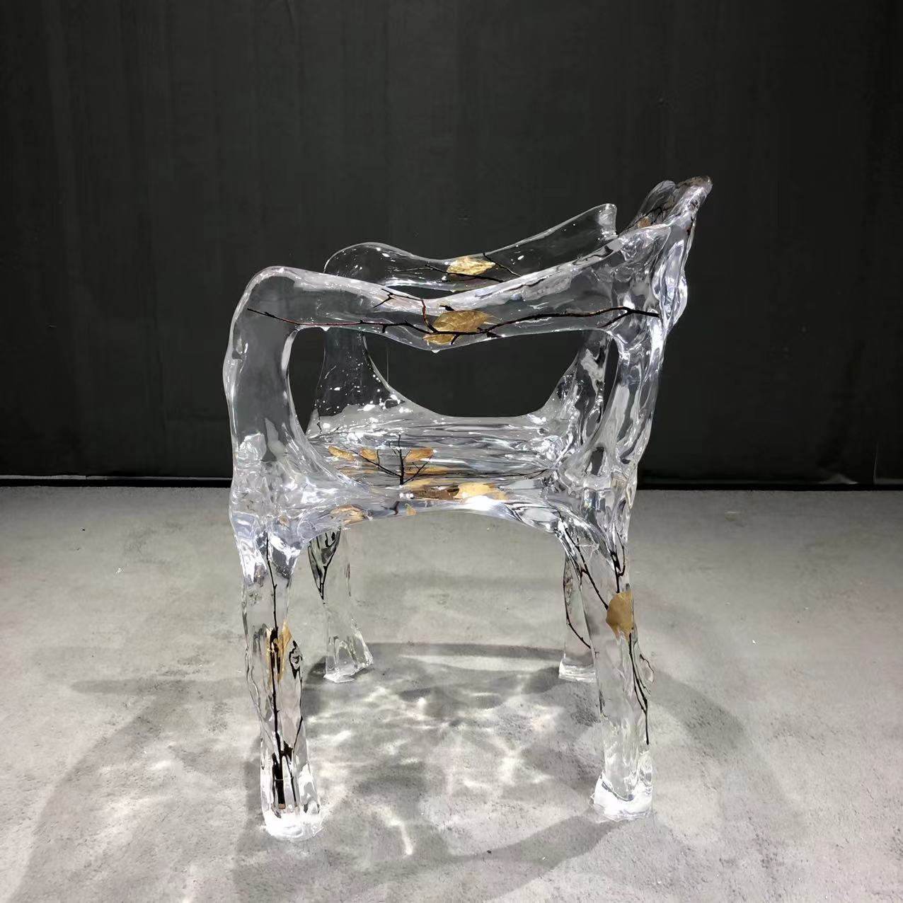 Usatabletops Clear Transparent Epoxy Resin Golden Leaf Chair 21''LX22''WX40''H UEC1