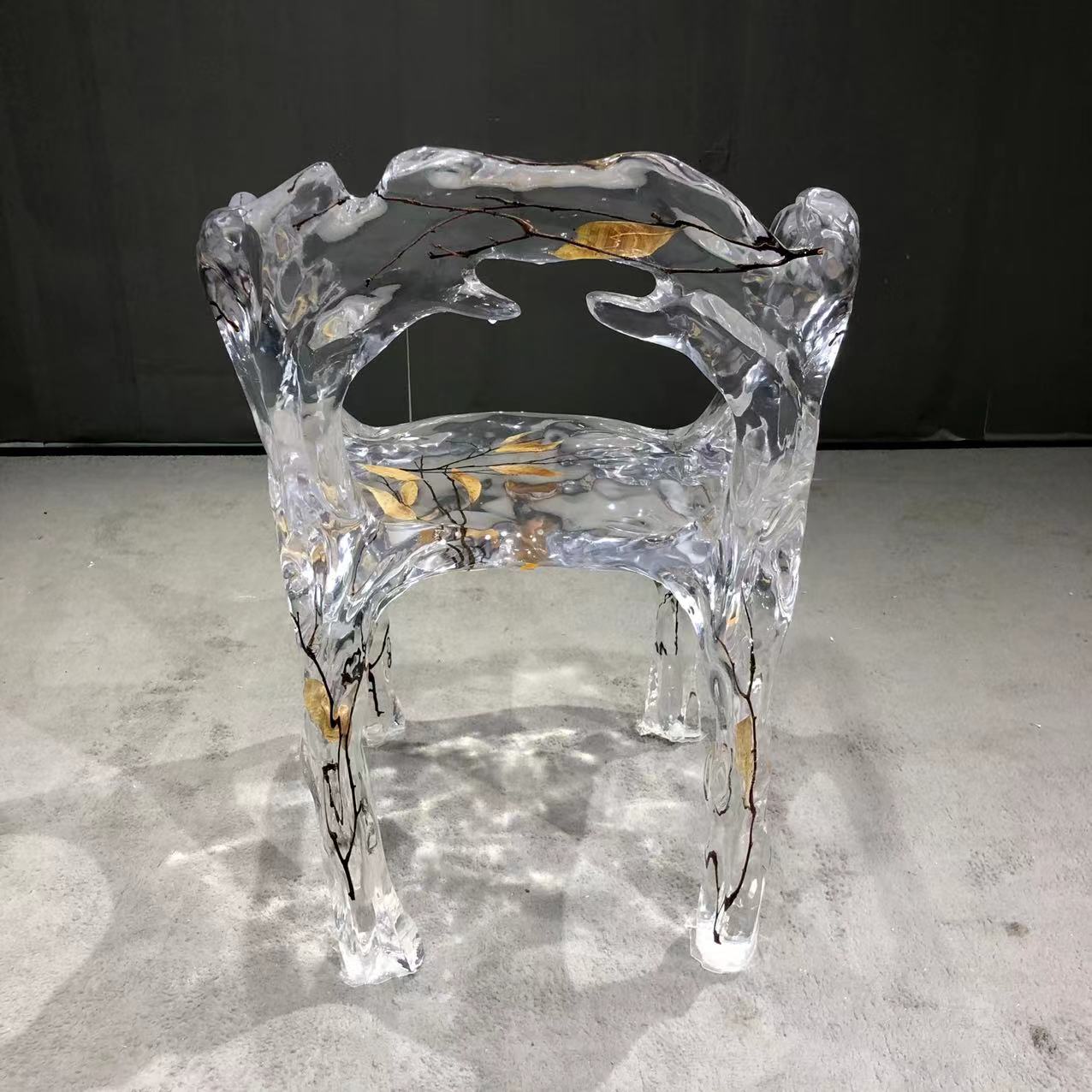 Usatabletops Clear Transparent Epoxy Resin Golden Leaf Chair 21''LX22''WX40''H UEC1