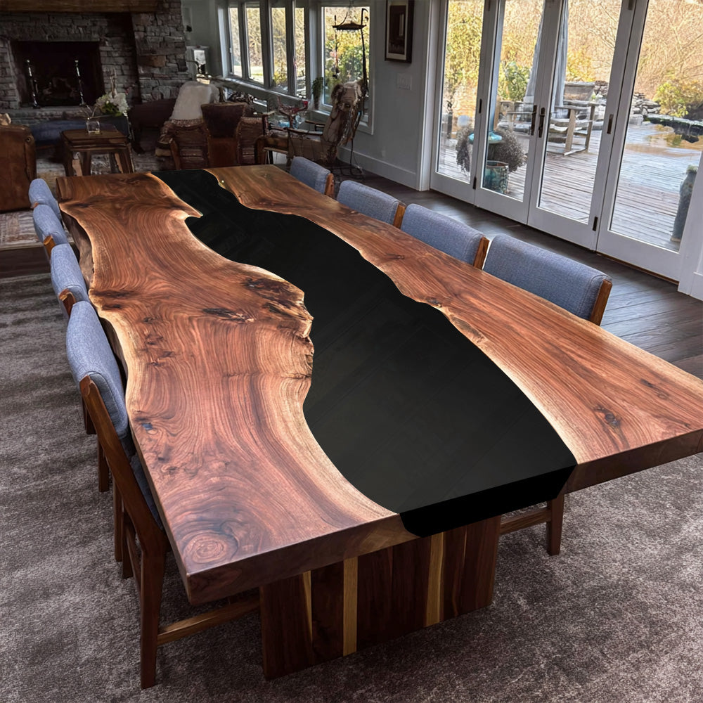 Usatabletops Custom Black Walnut Live Edge Black River Resin Epoxy Table