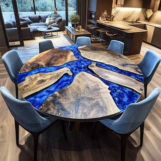Usatabletops Custom Black Walnut Round Dining Blue Ocean Resin Epoxy Table 