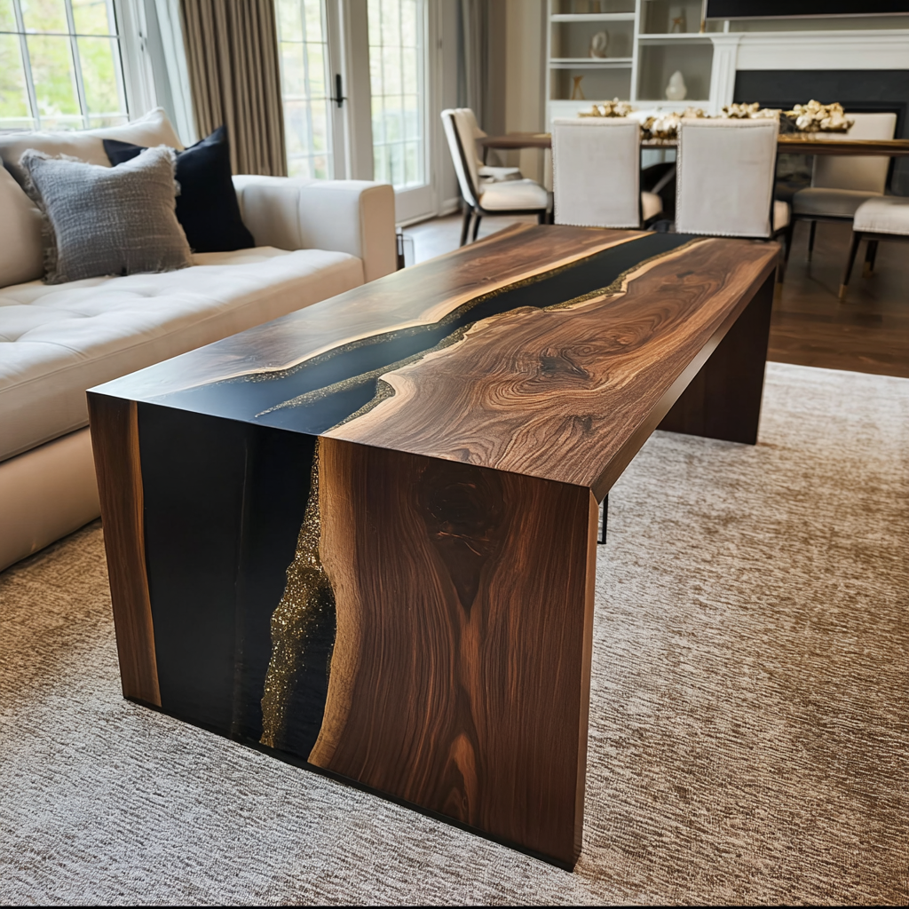 Black Walnut Black River Resin Waterfall Epoxy Table 