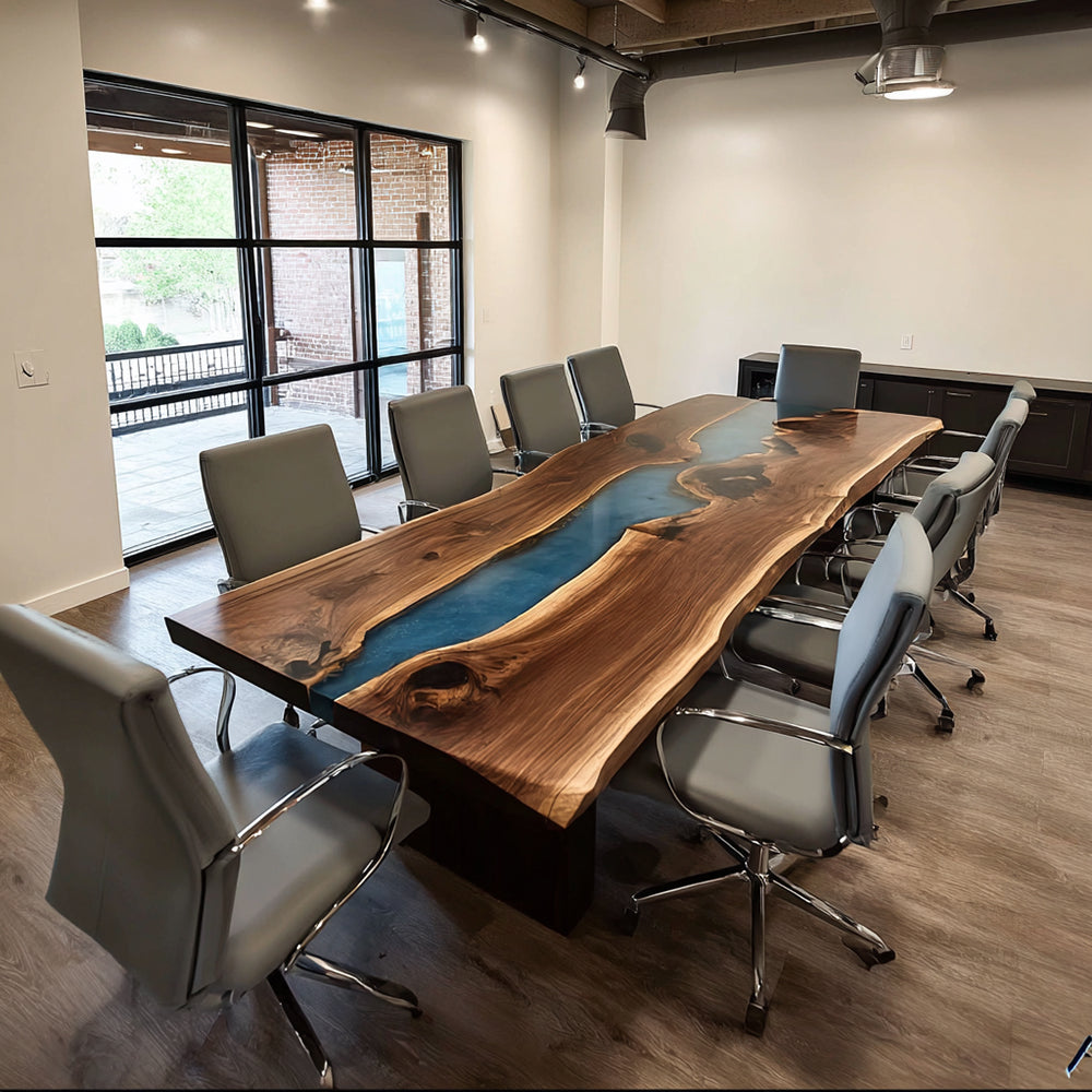 Walnut Lake Blue Conference Resin River Epoxy Table