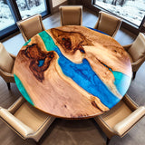 Custom Round Walnut Blue Green Dining Epoxy Resin Table