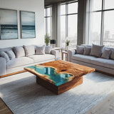 Custom Walnut Sky Blue Transparent Square Epoxy Table 