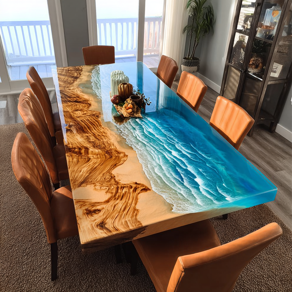 Usatabletops Custom Wood Blue Ocean Seaside Seawave Dining Resin Epoxy Table