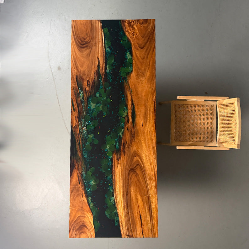 UTT Walnut Pond Design Featuring Lotus Leaves Resin Epoxy Table 78.74''Lx31.49''W