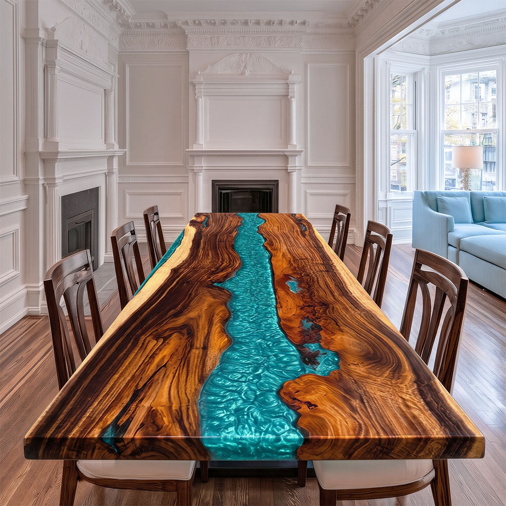 Peacock Blue River Resin Epoxy Table 98.42''Lx37''W
