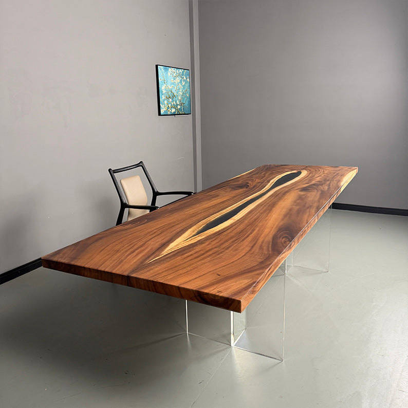 UTT Walnut Wood Black Island Resin Epoxy Table 110.62''Lx34.64''W